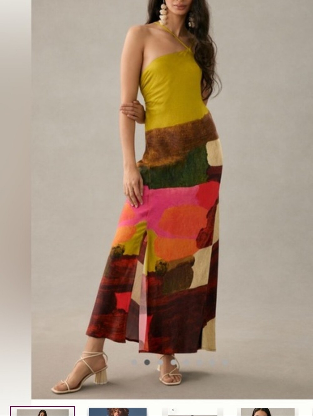 One-Shoulder Multicolor Abstract Maxi Dress - Olive & Pink